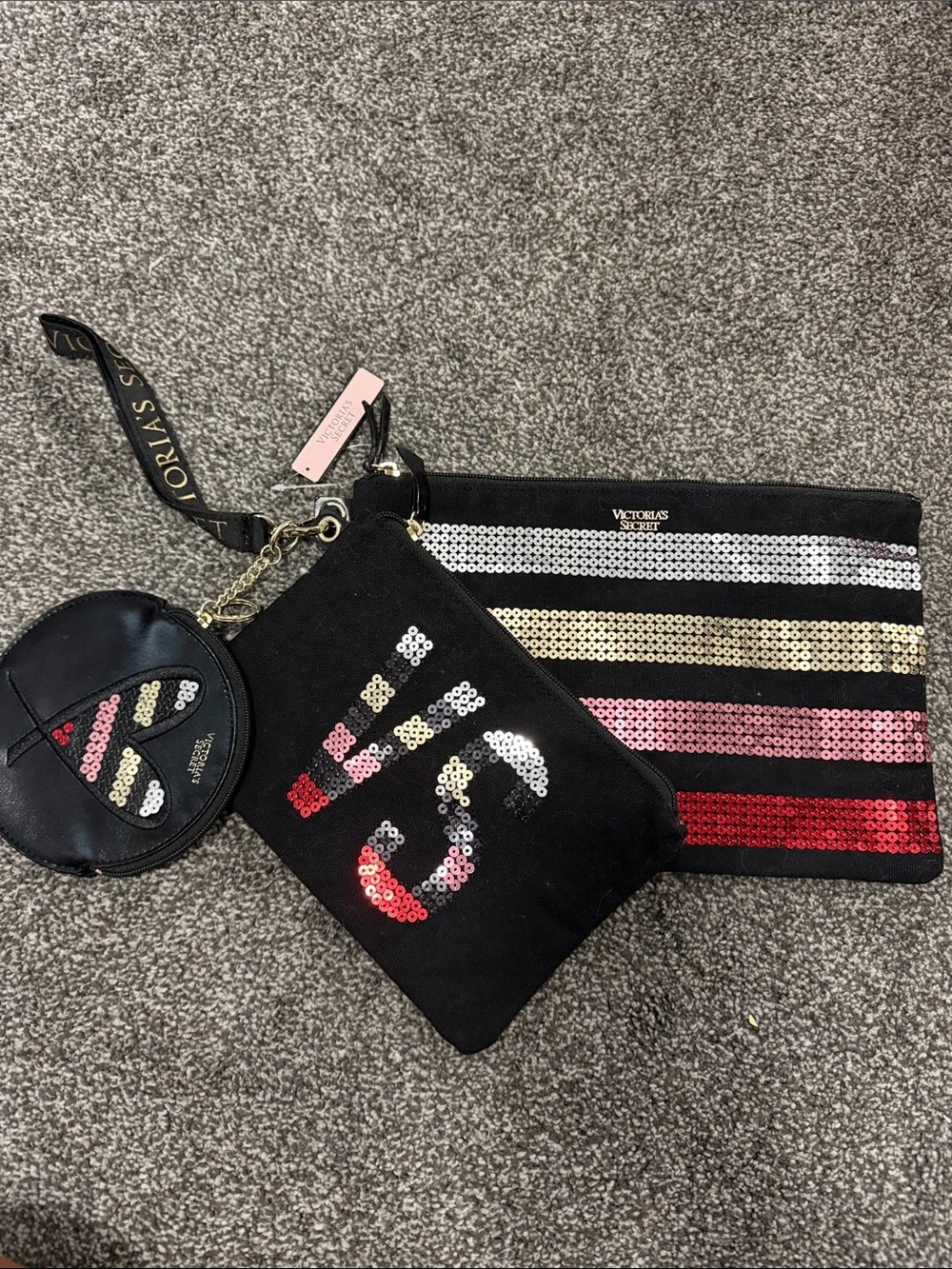 Victoria's Secret Black Sequin Stripe Wristlet Set with Pink & Gold Accents